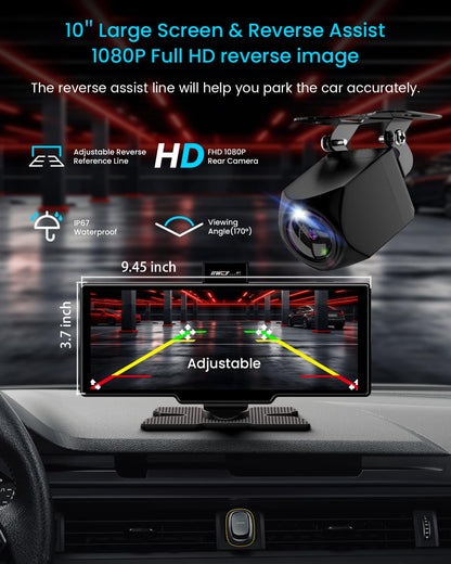 10-Inch Portable CarPlay Touchscreen with Dash Cam