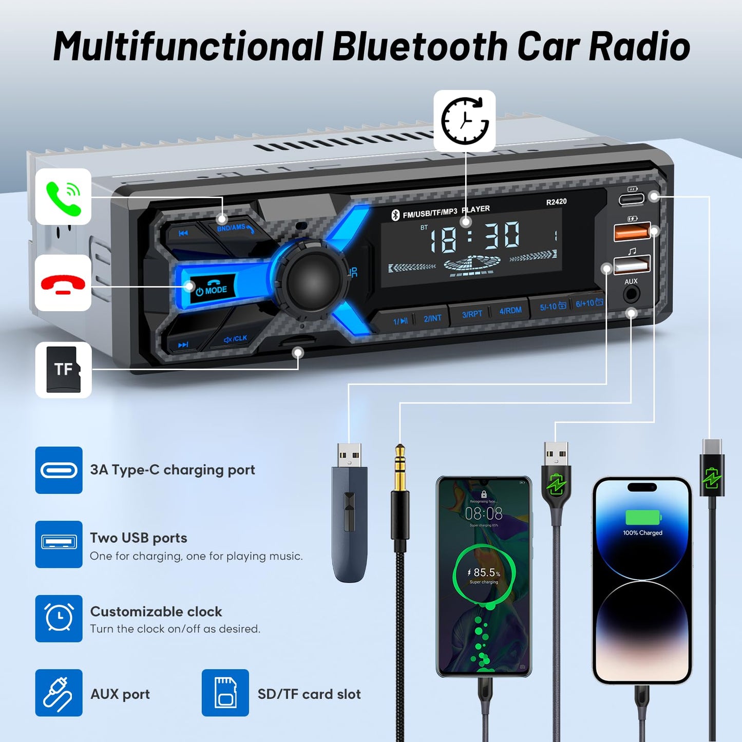 Single DIN Bluetooth Car Stereo with USB & AUX
