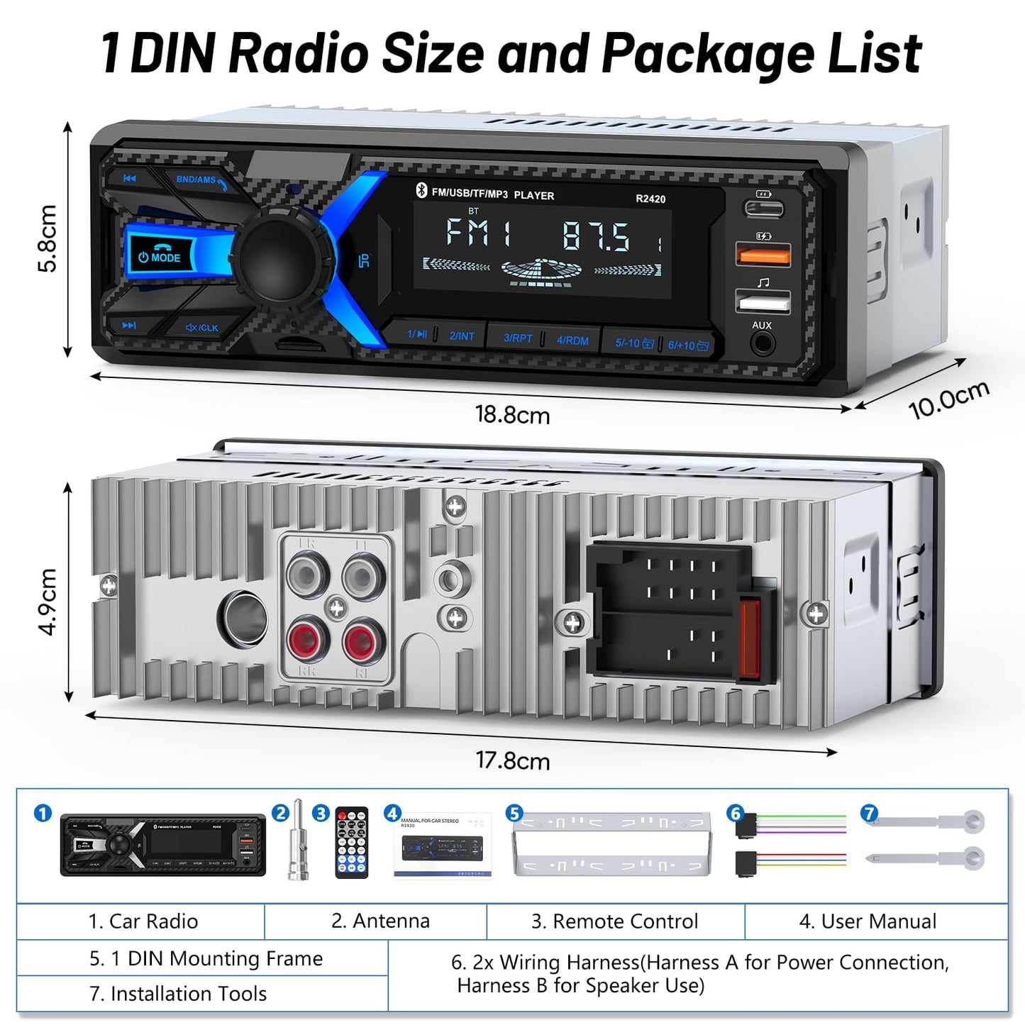 Single DIN Bluetooth Car Stereo with USB & AUX