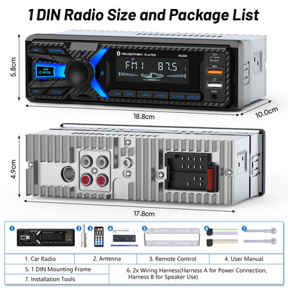 Single DIN Bluetooth Car Stereo with USB & AUX