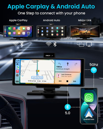 10-Inch Portable CarPlay Touchscreen with Dash Cam