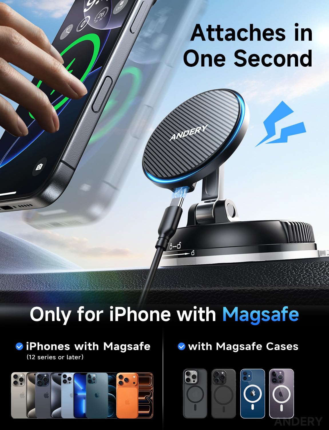 15W MagSafe Magnetic Car Mount Wireless Charger