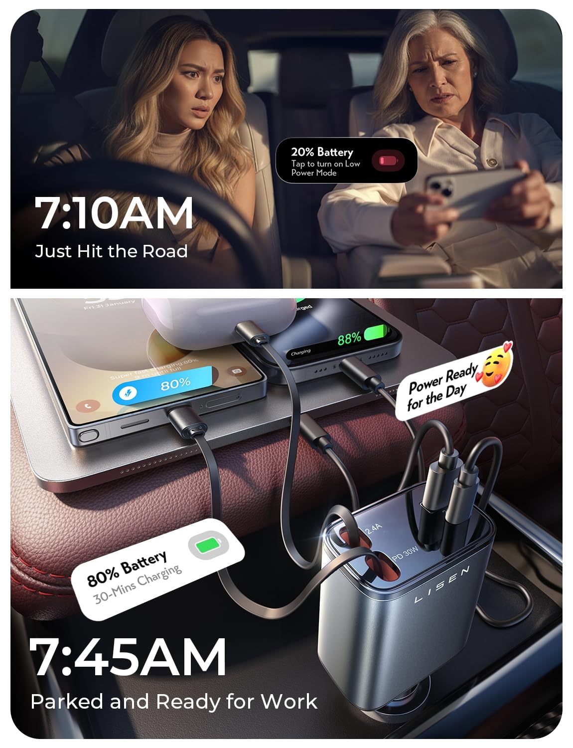 84W Retractable USB-C Car Charger Adapter
