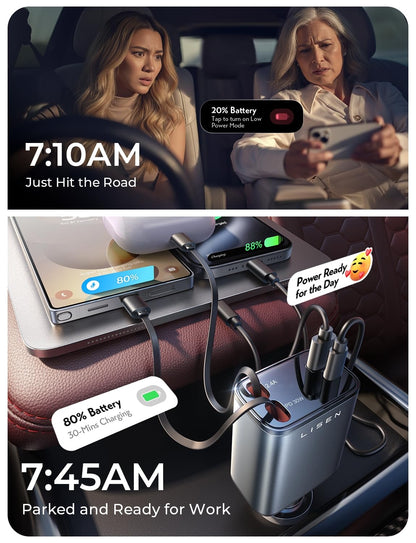 84W Retractable USB-C Car Charger Adapter