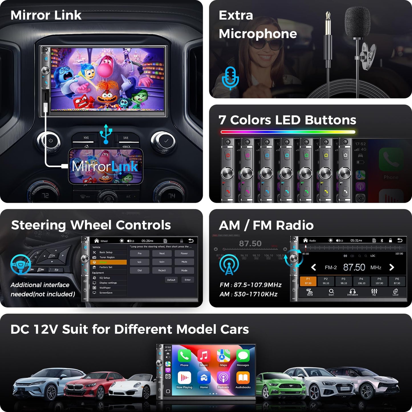 7-Inch Double DIN Car Stereo with Wireless CarPlay