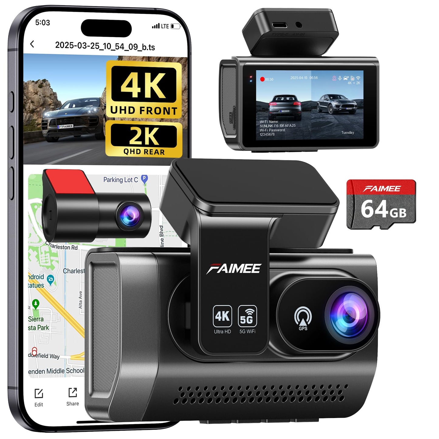 4K Front and Rear Dash Cam with Night Vision