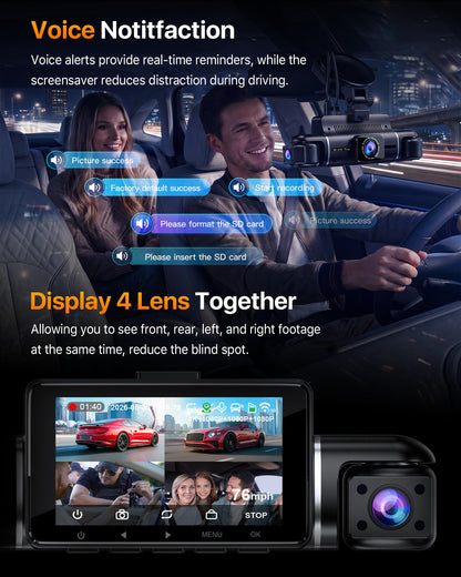 4K 4-Channel 360° WiFi Dash Cam with GPS