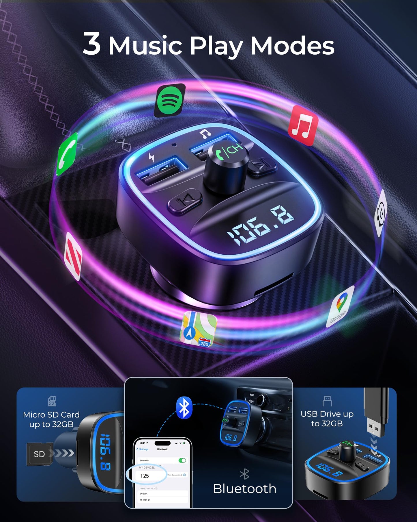 Bluetooth FM Transmitter with Fast Charging