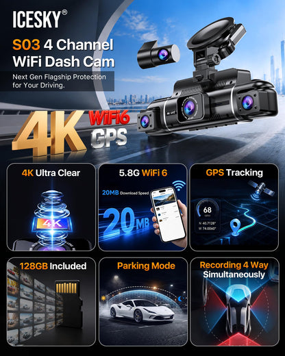 4K 4-Channel 360° WiFi Dash Cam with GPS