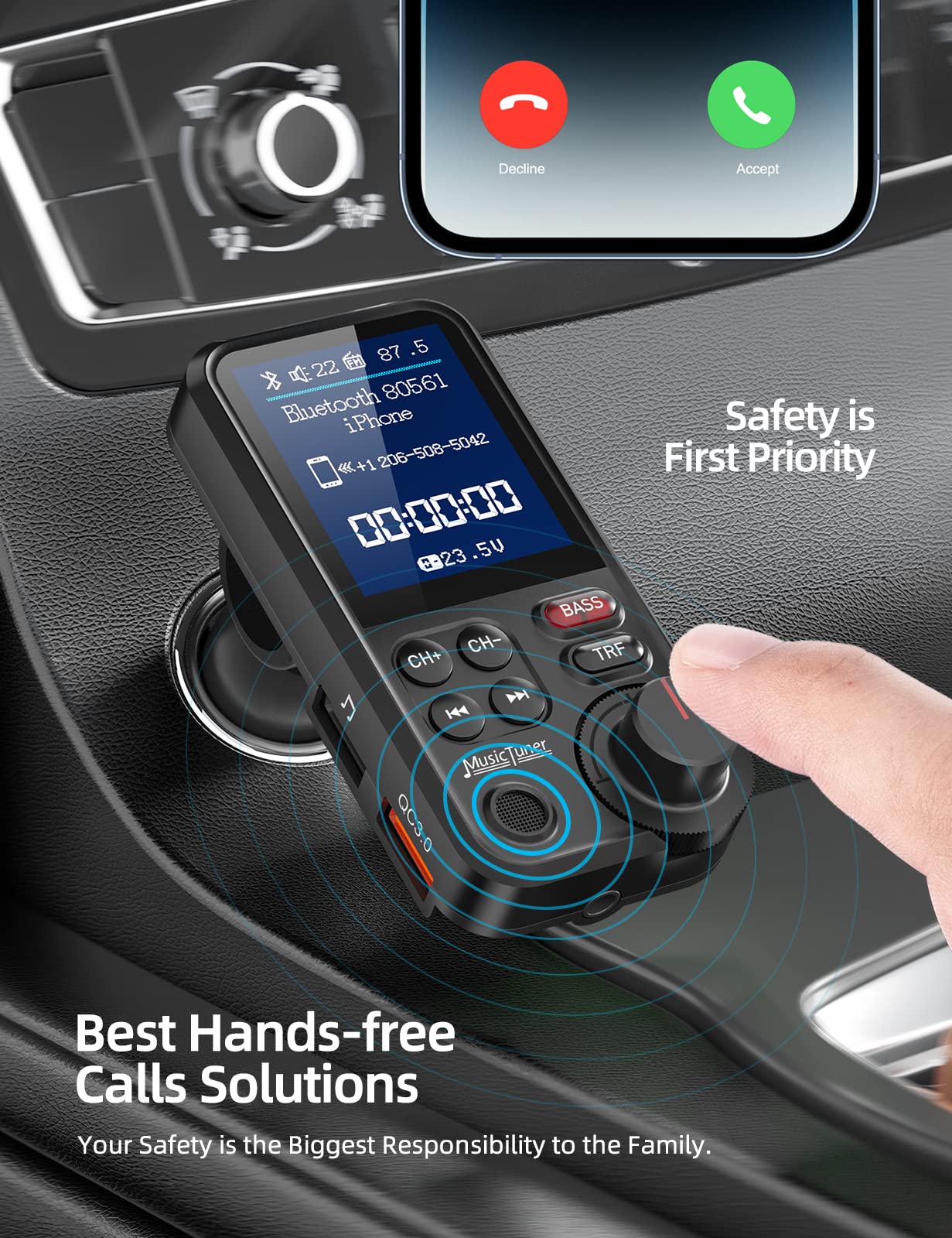 Bluetooth FM Transmitter with Color Screen