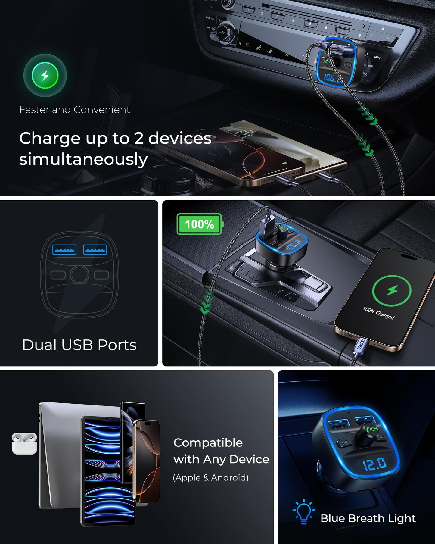 Bluetooth FM Transmitter with Fast Charging