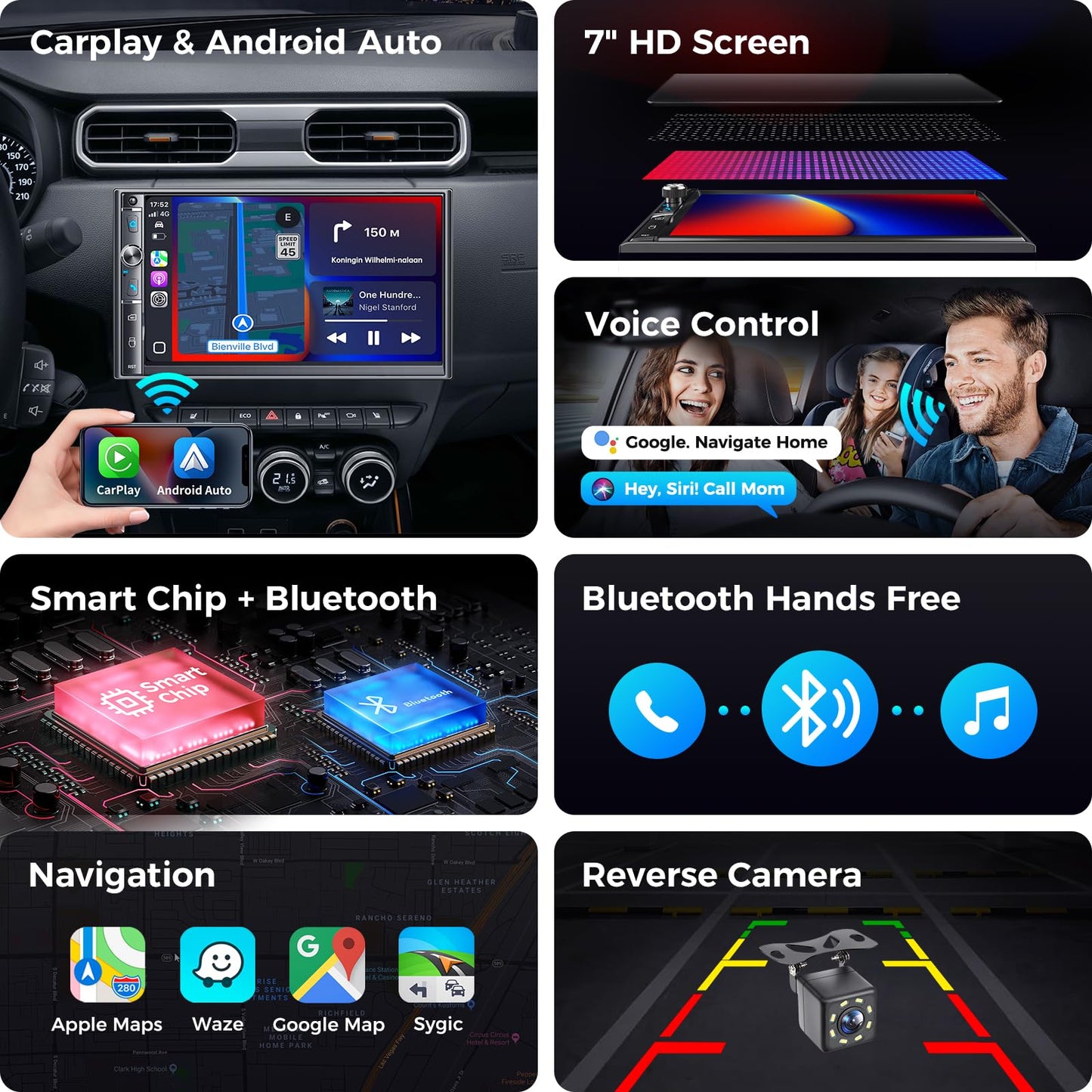 7-Inch Double DIN Car Stereo with Wireless CarPlay